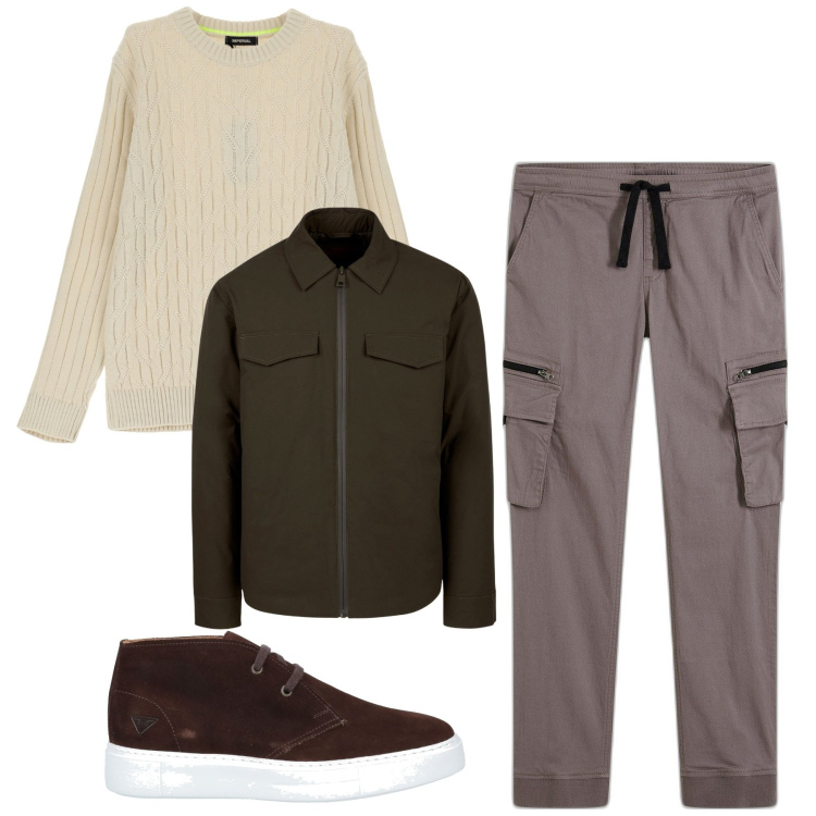 Outfit uomo - Autunno. Stile Urban per Tutti i giorni. Abbinamento con pantaloni cargo, stivali e stivaletti, maglieria, piumini.