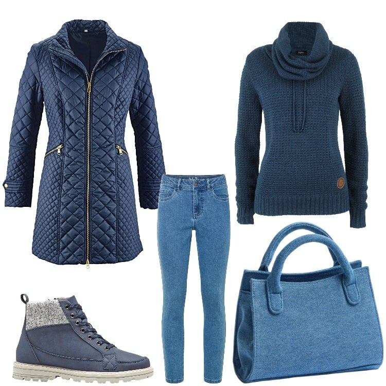 Outfit donna - Piu´comoda di cosi´. Stile Basic per Tutti i giorni. Abbinamento con maglieria, blazer, stivaletti, jeans skinny, borse a tracolla.