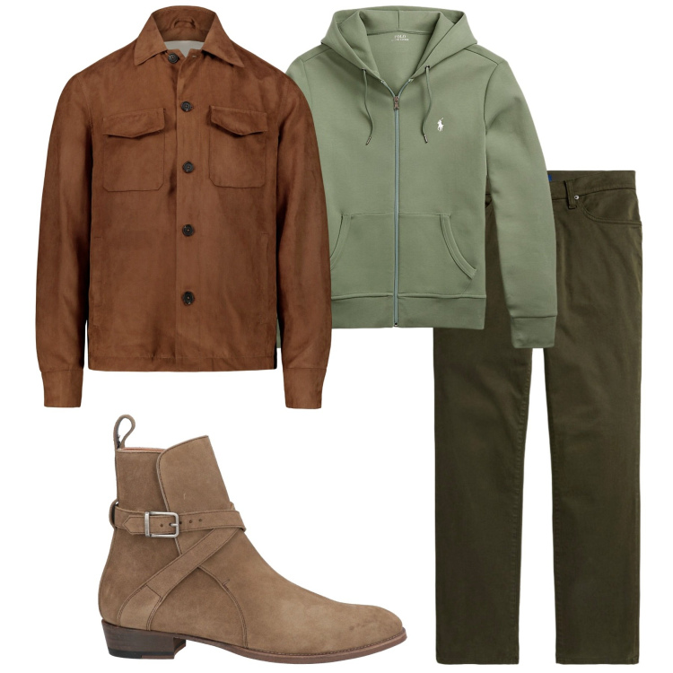 Outfit uomo - Salvia e cognac. Stile Casual per Tutti i giorni. Abbinamento con stivali e stivaletti, felpe, pantaloni, giacche.