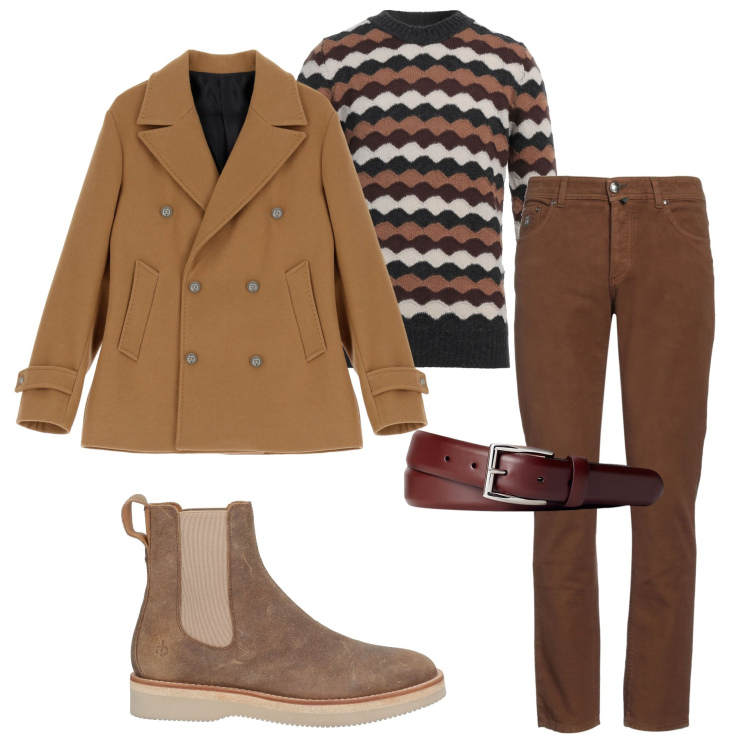 Outfit uomo - In città. Stile Urban per Tutti i giorni. Abbinamento con stivali e stivaletti, pullovers, pantaloni, giacche, cinture.