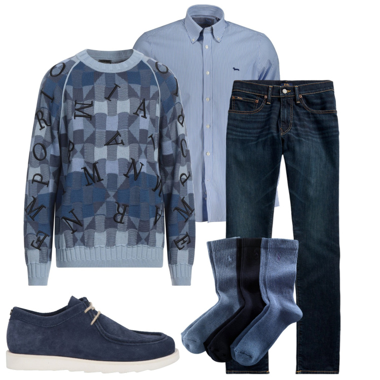 Outfit uomo - Sabato mattina. Stile Trendy per Tutti i giorni. Abbinamento con pullovers, scarpe stringate, calzini, jeans skinny, camicie.