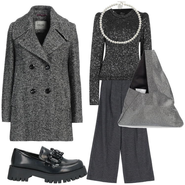 Outfit donna - Grigio in ufficio. Stile Casual chic per Ufficio. Abbinamento con pullovers, mocassini, cappotti, pantaloni, collane, borse a spalla.