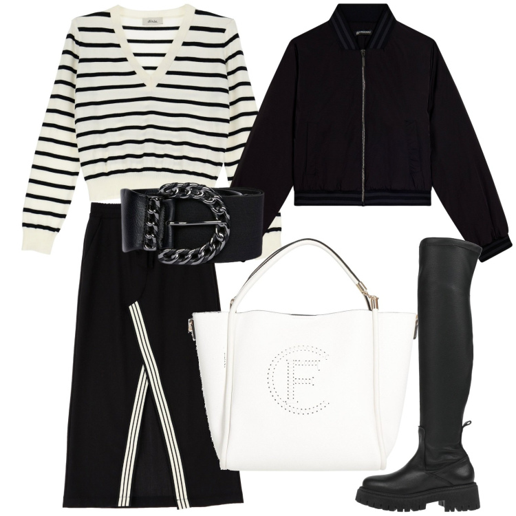 Outfit donna - Il mare d\'autunno. Stile Casual per Tutti i giorni. Abbinamento con stivali, borse a mano, bomber, gonne lunghe, pullovers, cinture.