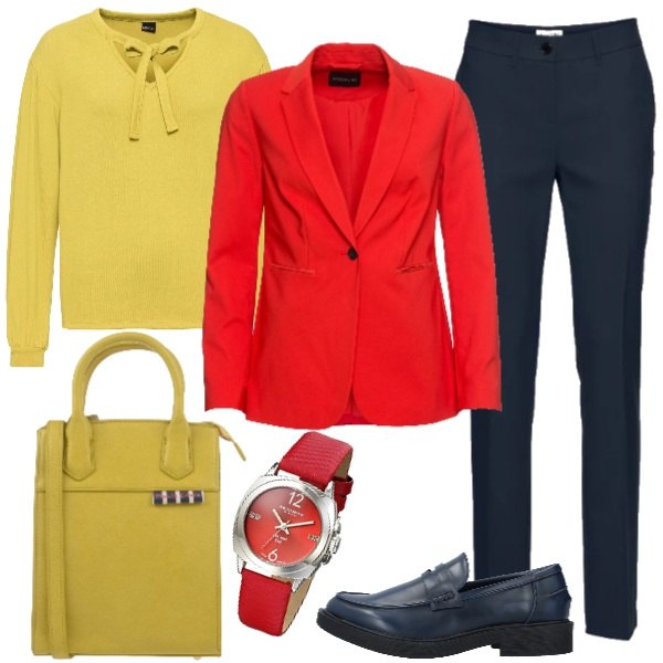 Outfit donna - Abbinamento di colori primari. Stile Basic per Ufficio. Abbinamento con pantaloni, pullover con scollo, blazer, mocassini con tacco squadrato e punta tonda in pelle sintetica tinta unita, shopping bag, orologio.