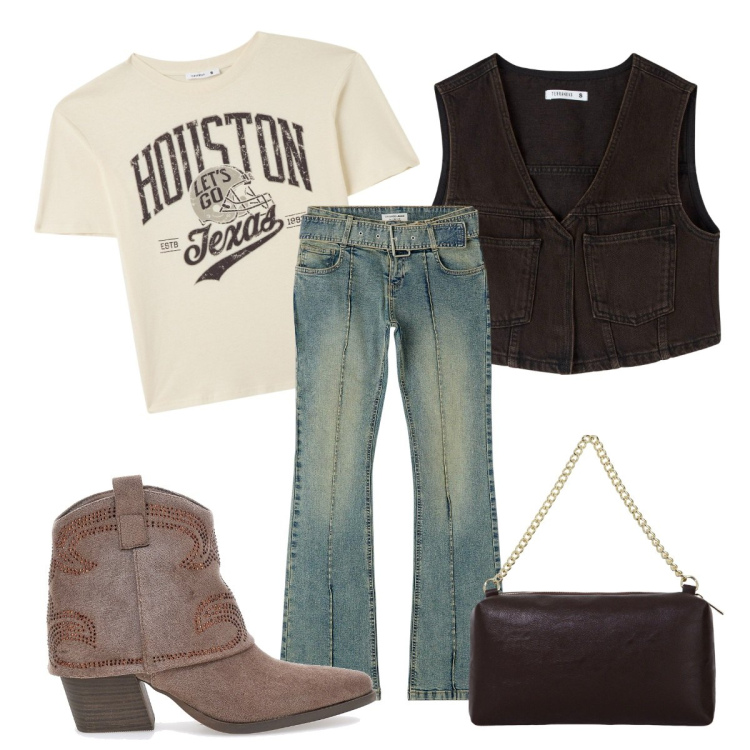 Outfit donna - Autunno in stile texano. Stile Boho per Tutti i giorni. Abbinamento con jeans a zampa, gilet, t-shirt, borse a tracolla, stivaletti texani.