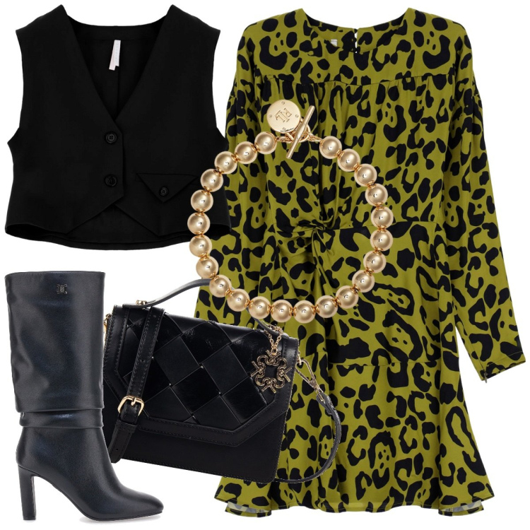 Outfit donna - Il vestito che mi piace. Stile Chic per Serata fuori. Abbinamento con borse a tracolla, vestiti corti, gilet, braccialetti, stivali.