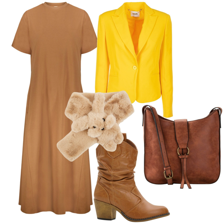 Outfit donna - Fogliage. Stile Casual per Tutti i giorni. Abbinamento con borse a tracolla, stivaletti texani, sciarpe, blazer, vestiti midi/longuette.