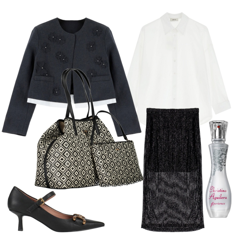 Outfit donna - Borsa utility. Stile Casual chic per Ufficio. Abbinamento con décolleté, profumi, gonne lunghe, camicie, blazer, borse a spalla.
