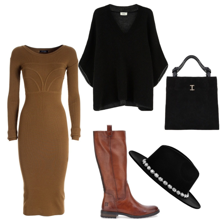 Outfit donna - Classe. Stile Casual chic per Ufficio. Abbinamento con cappelli, vestiti midi/longuette, shopping bag, cappotti, stivali sopra il ginocchio.