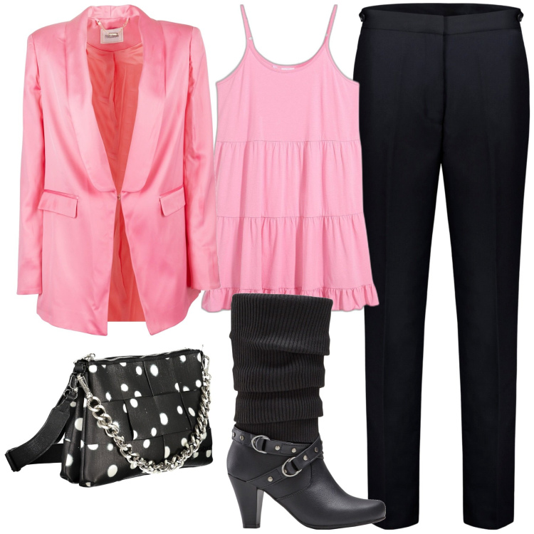 Outfit donna - Stivale rock. Stile Rock per Serata fuori. Abbinamento con stivali, top, blazer, pantaloni, borse a spalla.