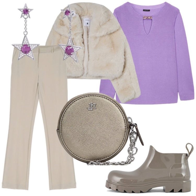 Outfit donna - Contrasti. Stile Trendy per Serata fuori. Abbinamento con orecchini, blazer, pantaloni, pochette, stivali, maglieria.