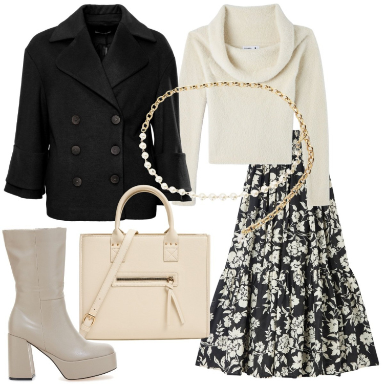Outfit donna - La gonna che mi piace. Stile Casual chic per Tutti i giorni. Abbinamento con gonne lunghe, maglieria, shopping bag, cappotti, collane, stivali.