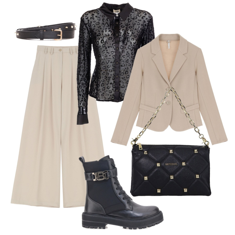 Outfit donna - Mix & Match in ufficio con gli anfibi. Stile Casual chic per Ufficio. Abbinamento con pantaloni, blazer, borse a spalla, camicie, cinture, anfibi.