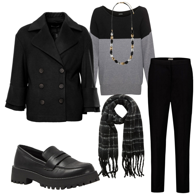 Outfit donna - In città. Stile Glamour per Tutti i giorni. Abbinamento con maglieria, mocassini, sciarpe, cappotti, pantaloni, collane.