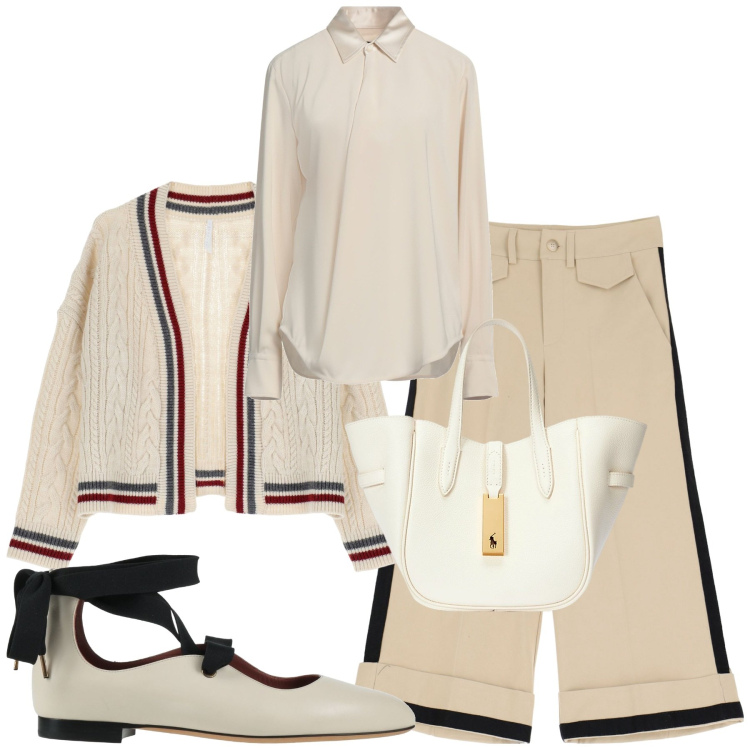 Outfit donna - Preppy. Stile Preppy per Scuola/Università. Abbinamento con ballerine, top, cardigans, pantaloni, borse tote.