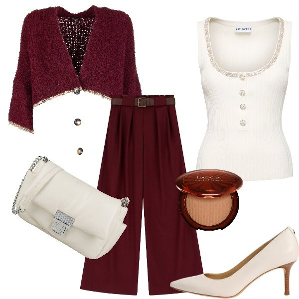 Outfit donna - Cardigan over. Stile Urban per Tutti i giorni. Abbinamento con borse a tracolla, terre, cardigans, décolleté, pantaloni a palazzo, top.