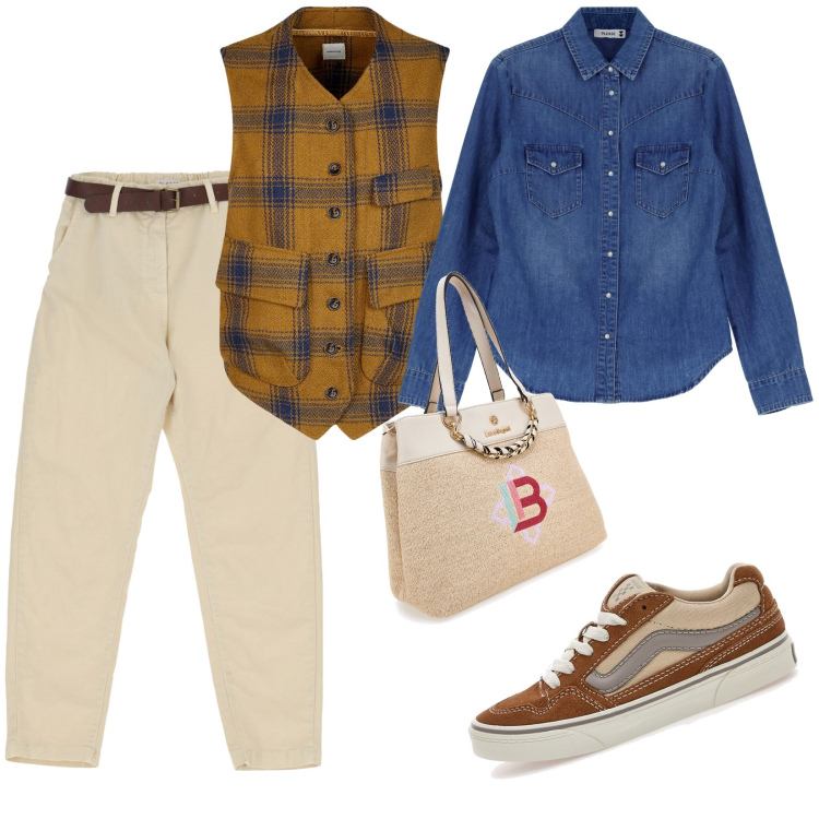 Outfit donna - A spasso col cane. Abbinamento con pantaloni, camicie, gilet, sneakers, borse a mano.