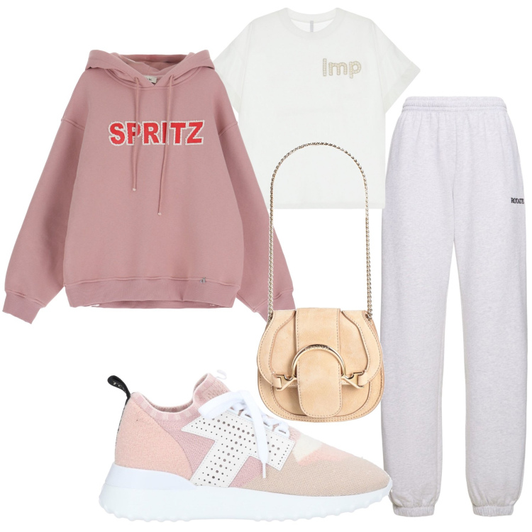 Outfit donna - Sportiva. Stile Sporty chic per Sport. Abbinamento con sneakers, marsupi, t-shirt, felpe con cappuccio, pantaloni.