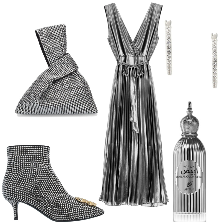Outfit donna - Night grey. Stile Glamour per Serata fuori. Abbinamento con stivaletti, profumi, vestiti midi/longuette, orecchini, borse a mano.