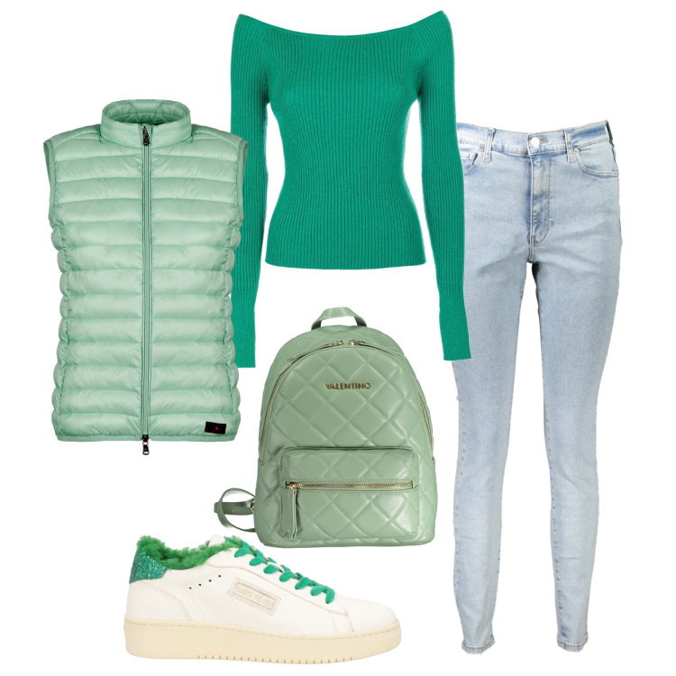 Outfit donna - Lo zaino verde chiaro. Stile Casual per Scuola/Università. Abbinamento con sneakers, maglieria, piumini, jeans skinny, zaini.