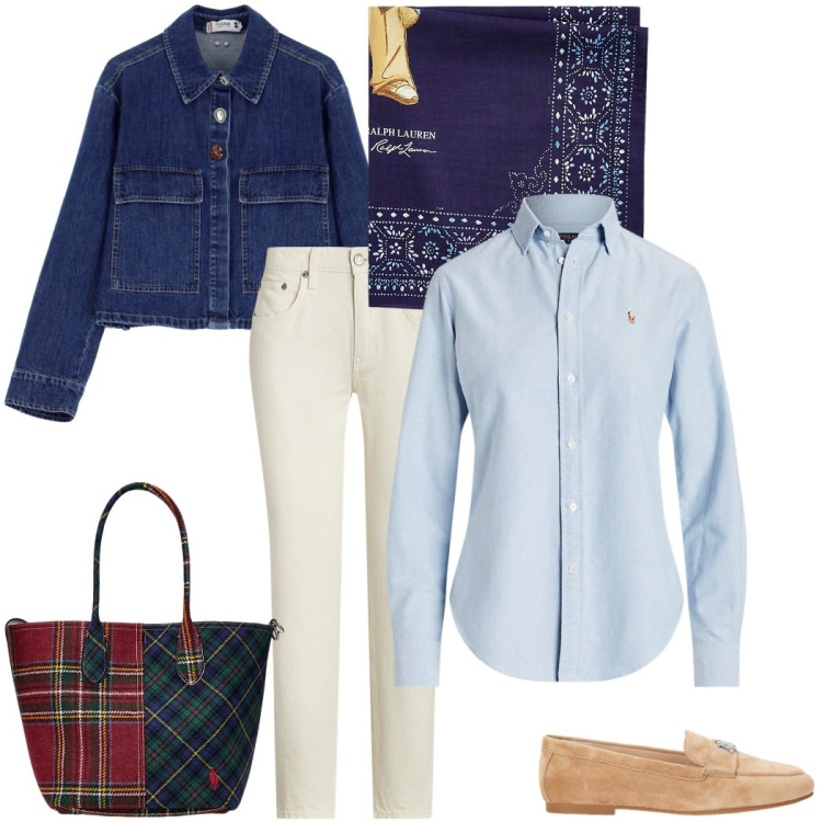 Outfit donna - Denim& Denim. Stile Casual chic per Tutti i giorni. Abbinamento con blazer, camicie, mocassini, jeans, foulard, borse tote.