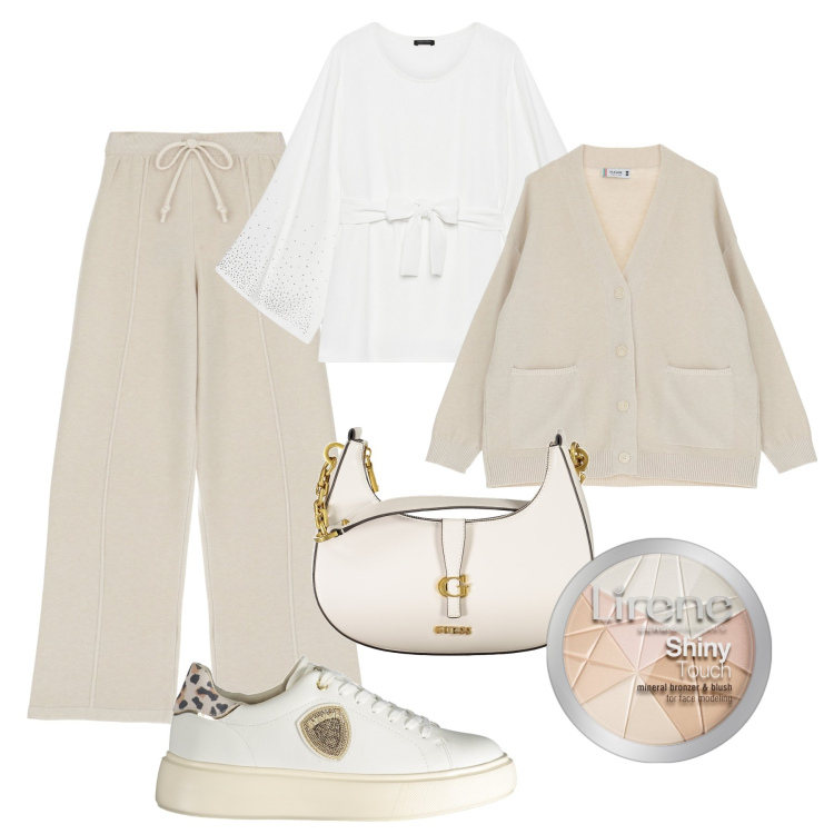 Outfit donna - Easy day, ma con gli strass sulla blusa. Stile Sporty chic per Tutti i giorni. Abbinamento con ciprie, pantaloni, cardigans, bluse, sneakers, borse a spalla.