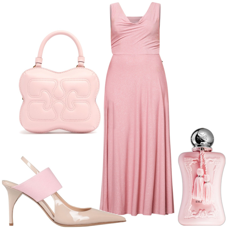 Outfit donna - Night pink. Stile Glamour per Serata fuori. Abbinamento con décolleté, profumi, vestiti lunghi, borse a mano.