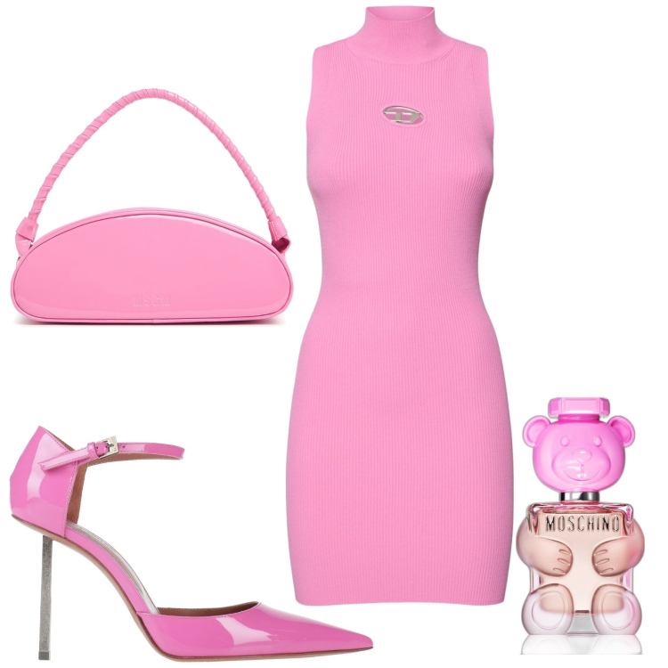 Outfit donna - Barbie style. Stile Glamour per Serata fuori. Abbinamento con décolleté, profumi, borse a spalla, vestiti.
