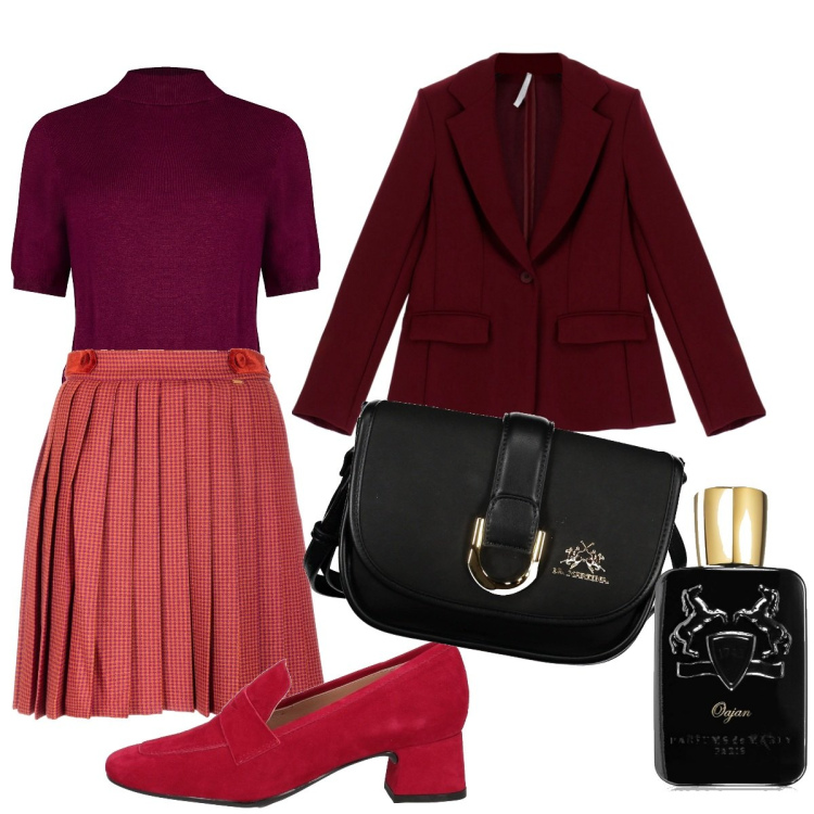 Outfit donna - Appuntamento con Sara. Stile Preppy per Tutti i giorni. Abbinamento con mocassini, profumi, maglieria, gonne, blazer, borse a tracolla.