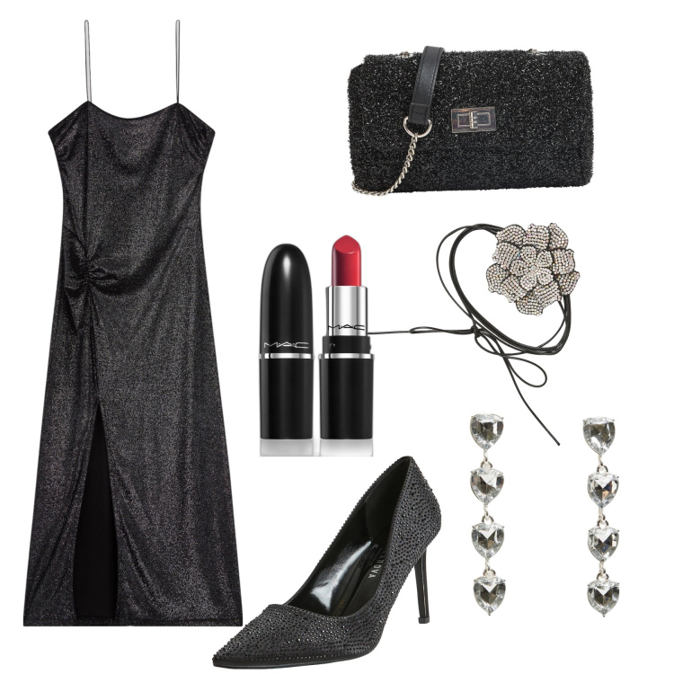 Outfit donna - Vampira chic !. Stile Chic per Serata fuori. Abbinamento con rossetti, vestiti lunghi, décolleté, orecchini, borse a tracolla, collane.