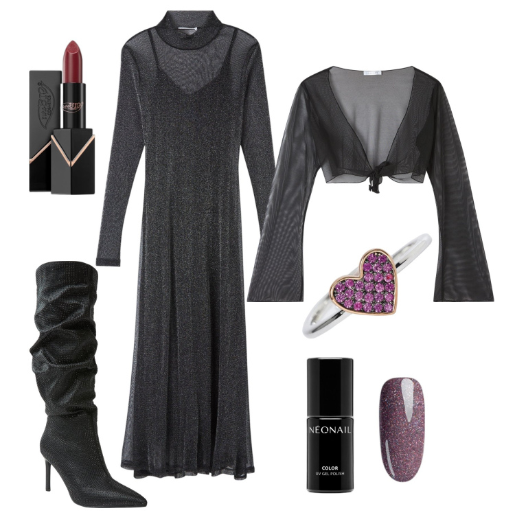 Outfit donna - Sparkling dark !. Stile Chic per Serata fuori. Abbinamento con rossetti, smalti, vestiti lunghi, bolero, stivali, anelli.