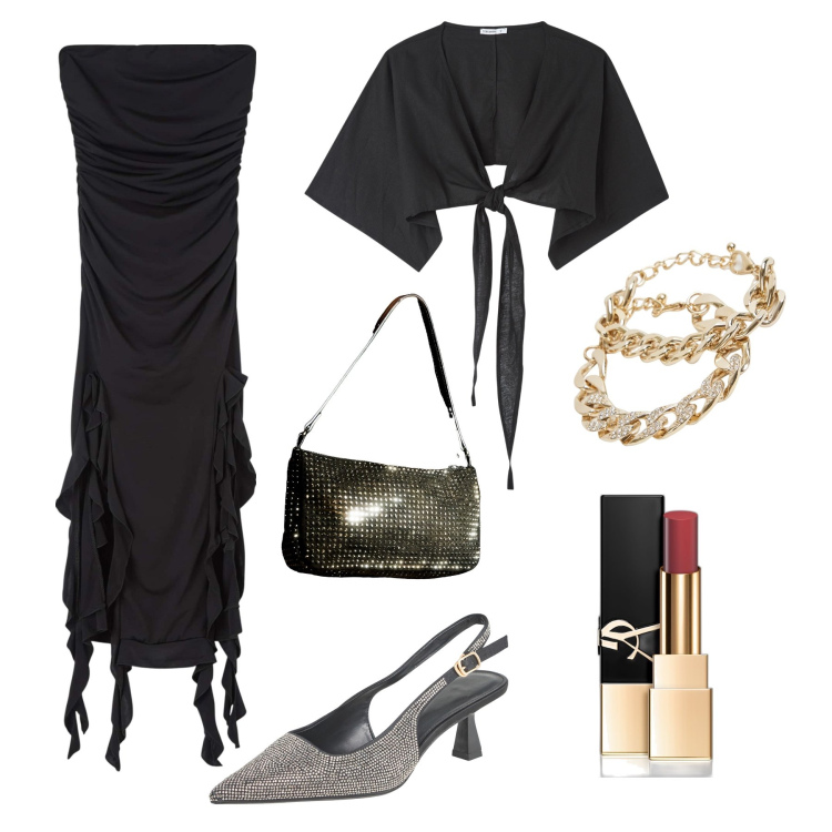 Outfit donna - Streghetta tra volant e strass. Stile Chic per Serata fuori. Abbinamento con rossetti, borse a spalla, vestiti, camicie, braccialetti, décolleté.