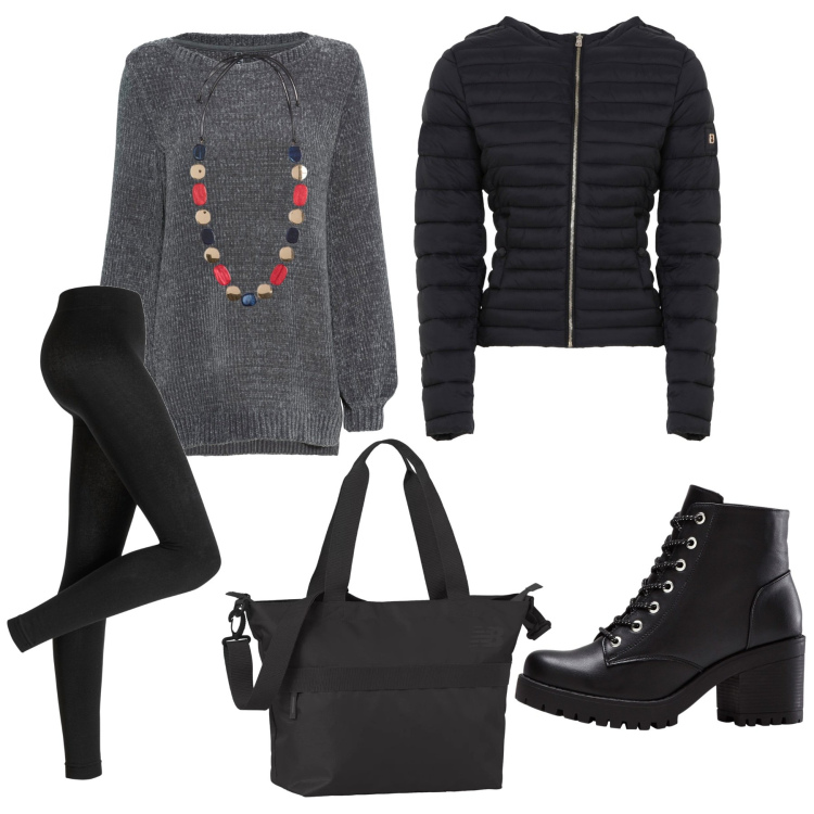 Outfit donna - Sabato di shopping. Stile Casual per Tutti i giorni. Abbinamento con maglieria, stivaletti, leggings, borse tote, piumini, collane.