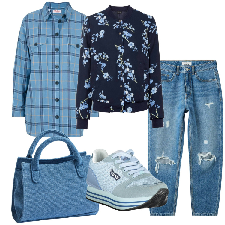 Outfit donna - Sky look. Stile Casual per Tutti i giorni. Abbinamento con bomber, camicie, borse a tracolla, jeans mom, sneakers.