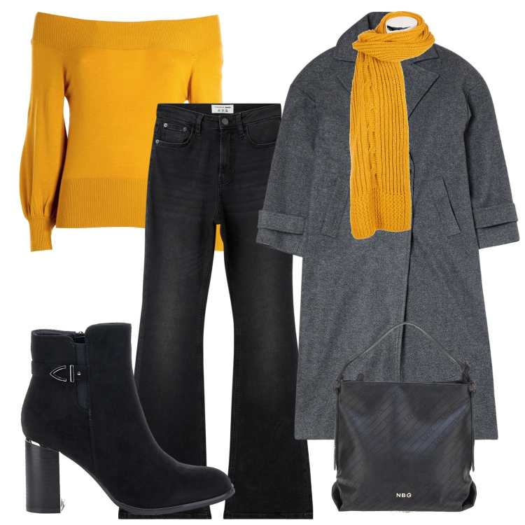 Outfit donna - Total look #1983952. Stile Basic per Tutti i giorni. Abbinamento con jeans a zampa, cappotti, maglieria, sciarpe, stivaletti, borse a spalla.