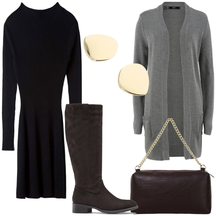 Outfit donna - Total look #1983959. Stile Casual chic per Tutti i giorni. Abbinamento con cardigans, stivali, vestiti midi/longuette, orecchini, borse a tracolla.