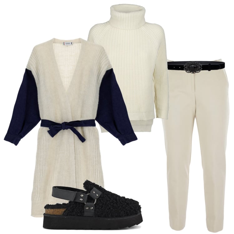 Outfit donna - Black and White. Stile Casual chic per Tutti i giorni. Abbinamento con cardigans, cinture, sabot, pantaloni, maglieria.