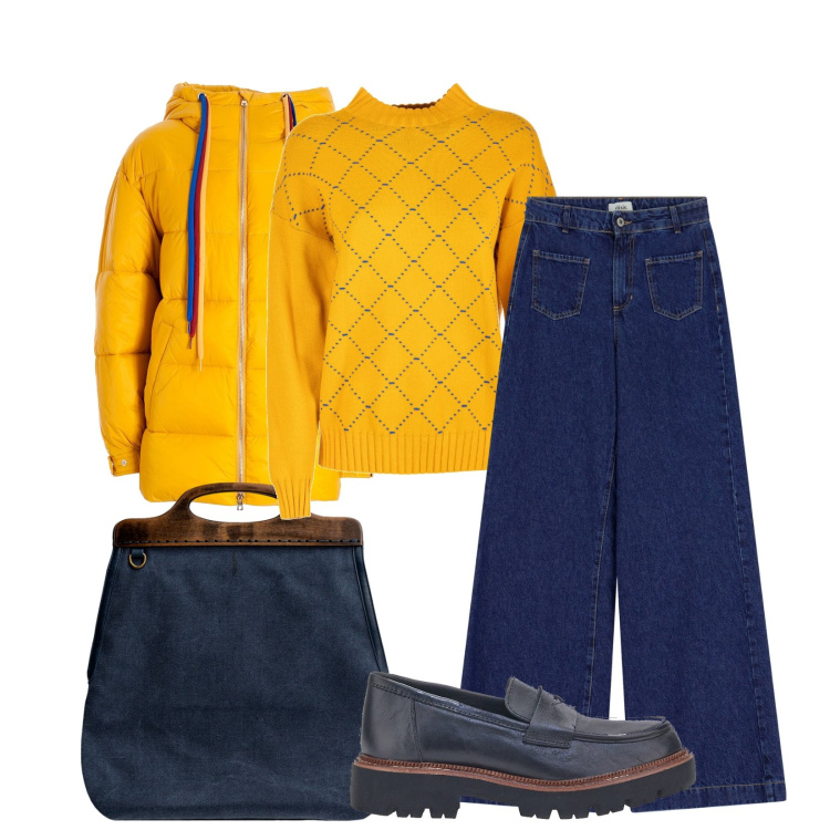 Outfit donna - Total look #1983963. Stile Sporty chic per Tutti i giorni. Abbinamento con jeans, maglieria, piumini, mocassini, borse a tracolla.