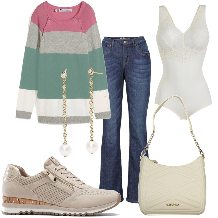 Outfit donna - Quando serve per la giornata. Stile Casual chic per Tutti i giorni. look ideale per Premaman. Abbinamento con jeans bootcut, sneakers, maglieria, body, orecchini, borse a spalla.