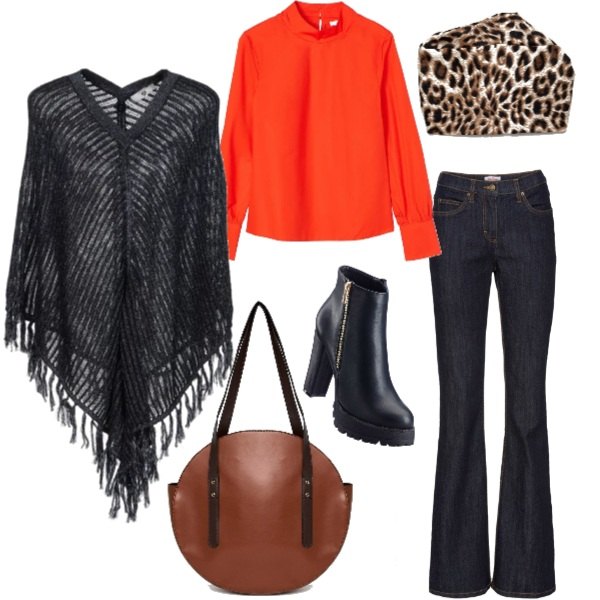 Outfit donna - Urban #8949. Stile Urban Abbinamento con jeans bootcut, stivaletti, mantella senza tasche lavorato a maglia interno sfoderato tinta unita, cappello con nodi e stampa in denim, bluse, shopping bag petite con zip e tasca interna.