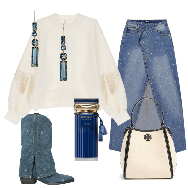 Outfit donna - Denim per la serata. Stile Casual chic per Serata fuori. Abbinamento con stivali, profumi, felpe, gonne lunghe, orecchini, borse a mano.