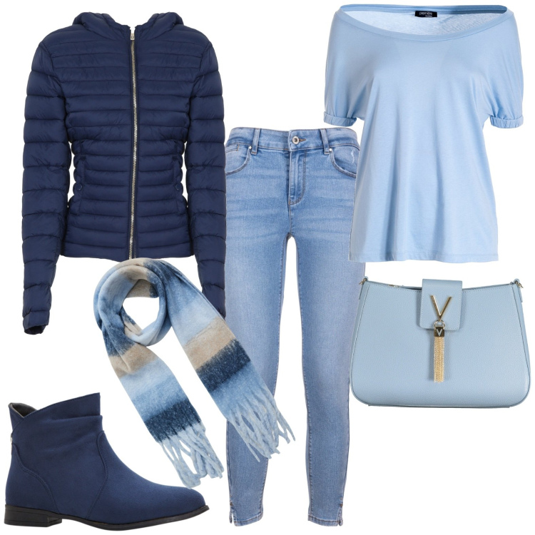 Outfit donna - Total look #1983976. Stile Casual per Tutti i giorni. Abbinamento con stivaletti, sciarpe, piumini, t-shirt, jeans, borse a spalla.