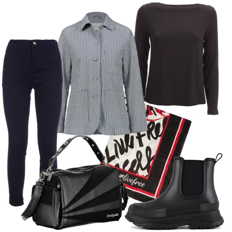 Outfit donna - Gli accessori che mi piacciono. Stile Basic per Tutti i giorni. Abbinamento con pantaloni, stivali, blazer, borse a spalla, maglieria, foulard.