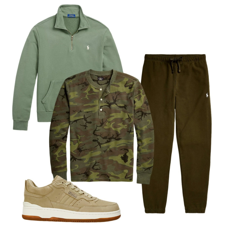 Outfit uomo - Camouflage sporty. Stile Urban per Tutti i giorni. Abbinamento con felpe, pantaloni, sneakers, t-shirt.