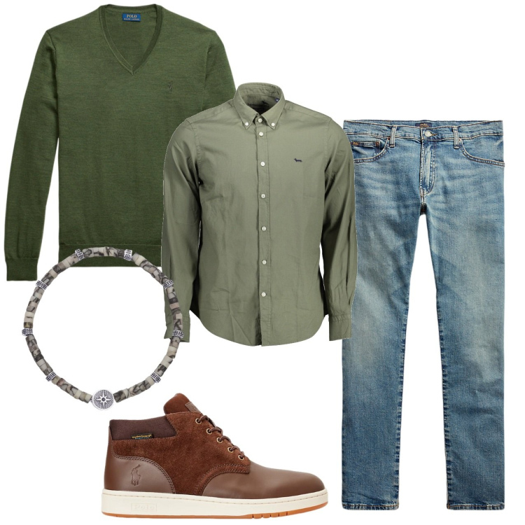 Outfit uomo - Verde casual. Stile Casual per Tutti i giorni. Abbinamento con braccialetti, jeans, stivali, maglieria, camicie.
