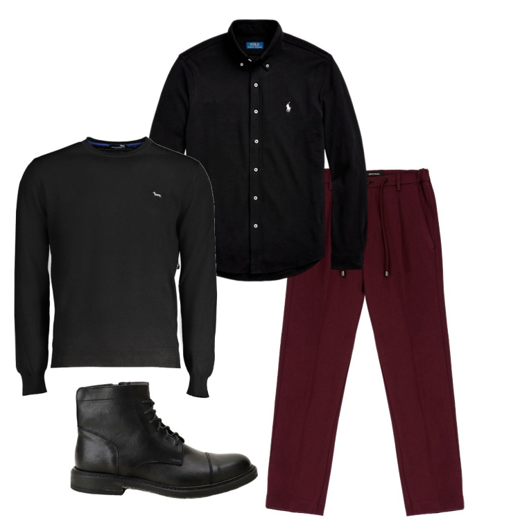Outfit uomo - Nero e rosso cupo. Stile Casual per Tutti i giorni. Abbinamento con pantaloni, stivali e stivaletti, camicie, maglieria.