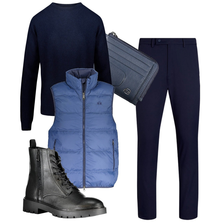 Outfit uomo - Blu città. Stile Business/Elegante per Tutti i giorni. Abbinamento con pantaloni, maglieria, stivali, giacche, portafogli.