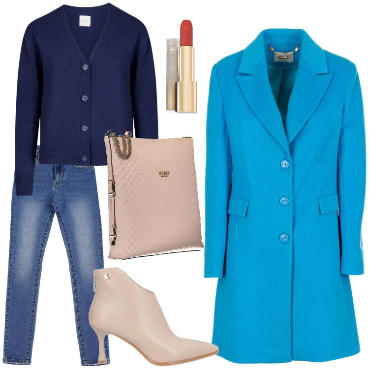 Outfit donna - Il cappotto cielo terso. Stile Casual chic per Ufficio. Abbinamento con stivaletti, rossetti, cappotti, jeans skinny, cardigans, borse a spalla.