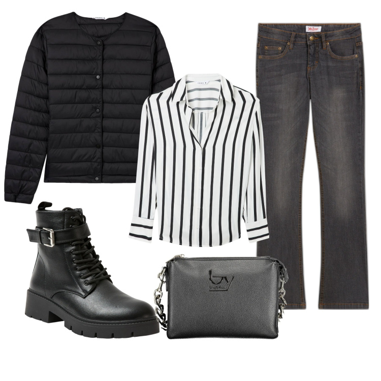 Outfit donna - La camicia a righe. Stile Trendy per Tutti i giorni. Abbinamento con jeans bootcut, piumini, camicie, anfibi, borse a spalla.
