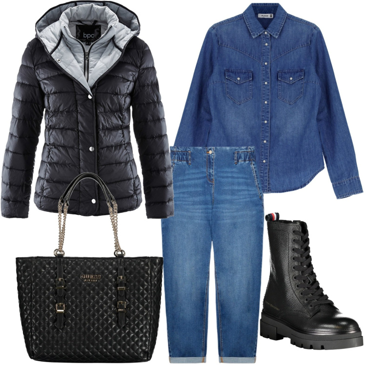 Outfit donna - Solo denim. Stile Casual per Tutti i giorni. Abbinamento con piumini, camicie, jeans, stivali, borse a spalla.